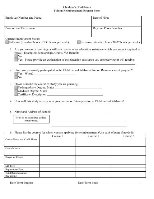 Tuition Reimbursement Request Form Children s Of Alabama