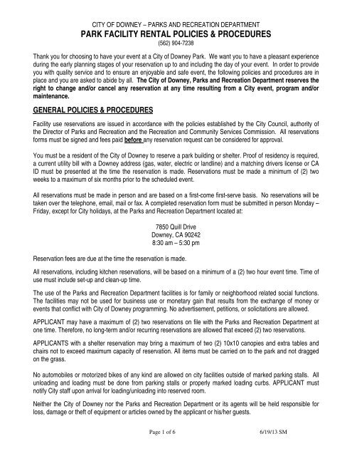 Example Park Rental Permit Application park facility rental policies & procedures - City of Downey