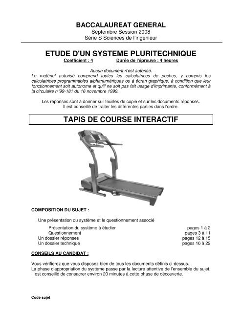 etude d'un systeme pluritechnique tapis de course interactif