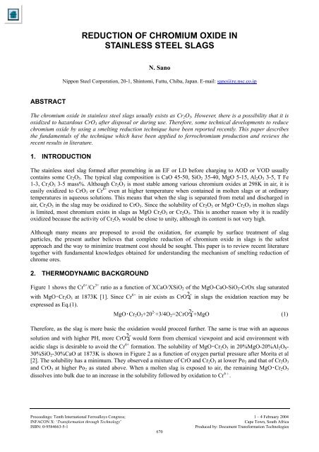 Reduction of Chromium Oxide in Stainless Steel Slags - Pyro.co.za