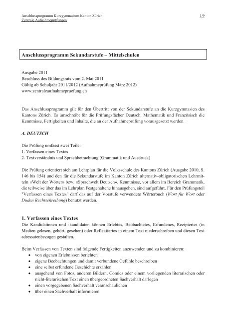 Anschlussprogramm Sekundarstufe â Mittelschulen ... - Kanton ZÃ¼rich