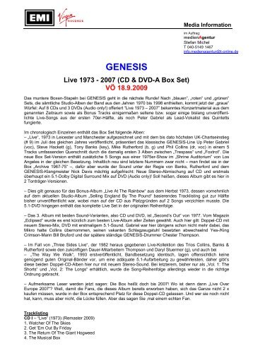 GENESIS Live 1973 - 2007 (CD & DVD-A Box Set) - Medienagentur