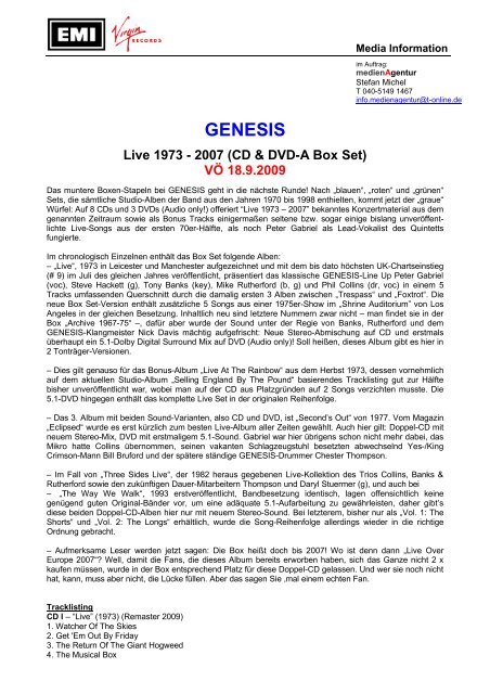 GENESIS Live 1973 - 2007 (CD & DVD-A Box Set) - Medienagentur