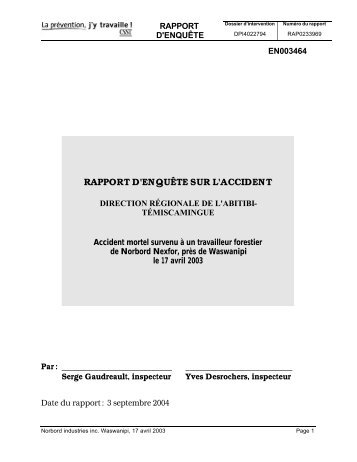 RAPPORT D'ENQUÃTE SUR L'ACCIDENT - Centredoc.csst.qc.ca