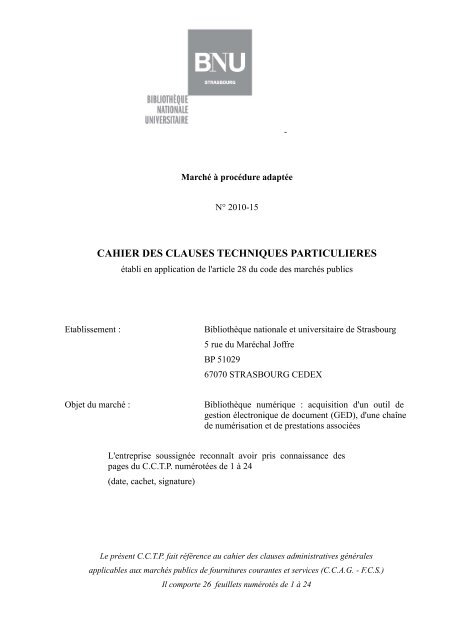 cahier des clauses techniques particulieres - BibliothÃ¨que nationale ...