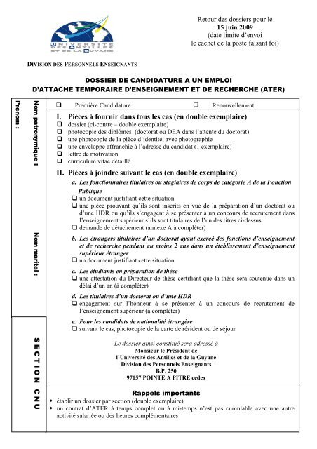 Dossier candidature ATER 2009 2010 - UniversitÃ© des Antilles et de ...