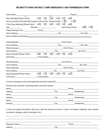 Emergency/Permission Form - Wilmette Park District