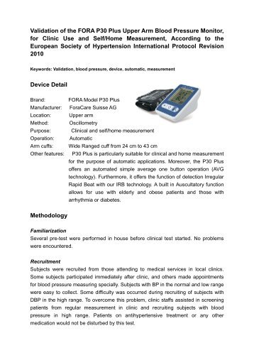 Validation of the FORA P30 Plus Upper Arm Blood Pressure Monitor ...