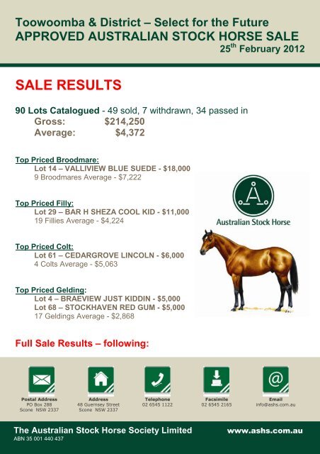 Full Sale Results Australian Stock Horse Society
