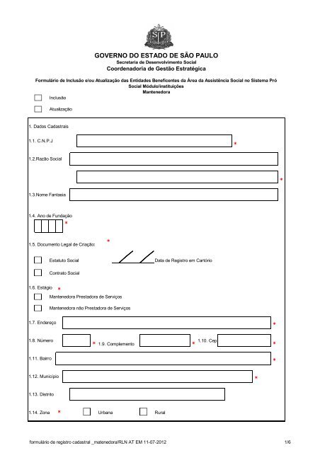 FormulÃ¡rio de inclusÃ£o cadastral - Mantenedora. - Secretaria de ...