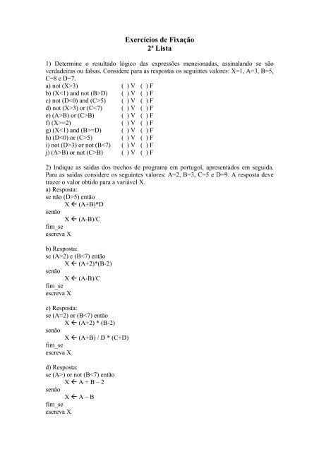 Exercicios De Fixacao 2ª Lista Inf Unioeste