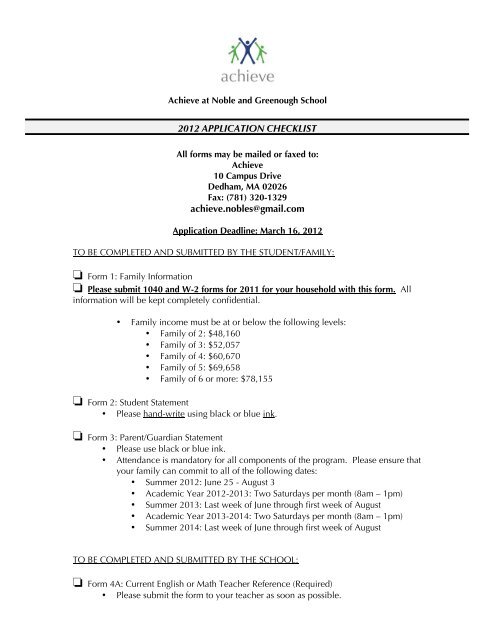 achieve.nobles@gmail.com 2012 APPLICATION CHECKLIST