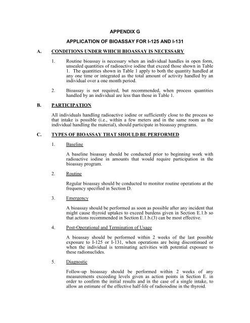 APPENDIX G APPLICATION OF BIOASSAY FOR I-125 AND I-131 A ...