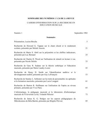 Sommaire des numéros 1 à 24 de la revue - Faculté de musique