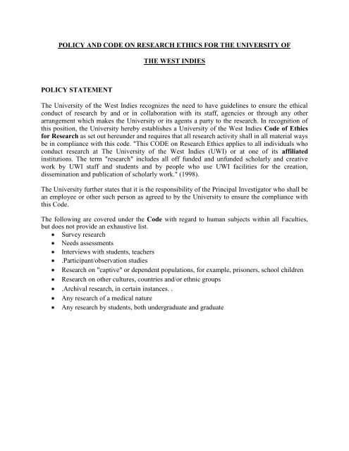 Policy And Code On Research Ethics For The Uwi Edu Policy And Code On Research Ethics For The Uwi Edu