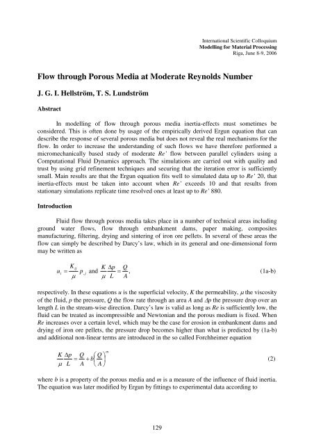 Flow through Porous Media at Moderate Reynolds Number