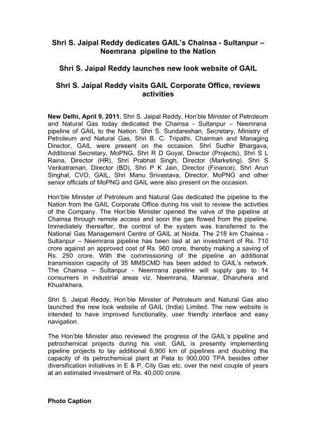 Shri S. Jaipal Reddy dedicates GAIL's Chainsa - GAIL (India)