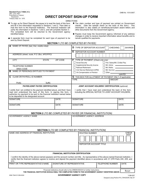 Standard Form 1199A, Direct Deposit Sign-up Form, June 1987 - EBT