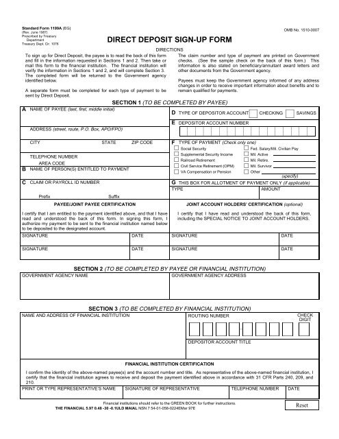 Standard Form 1199A, Direct Deposit Sign-up Form, June 1987 - EBT