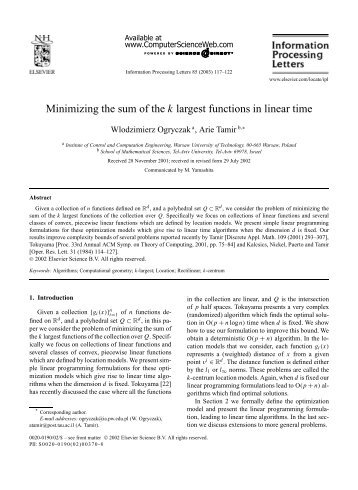Minimizing the sum of the k largest functions in linear time - CiteSeerX