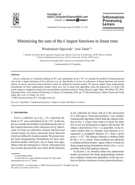 Minimizing the sum of the k largest functions in linear time - CiteSeerX