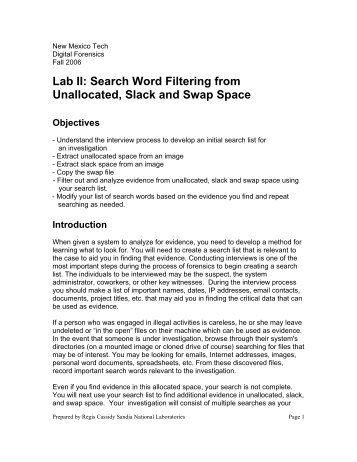 Lab II: Search Word Filtering from Unallocated ... - New Mexico Tech