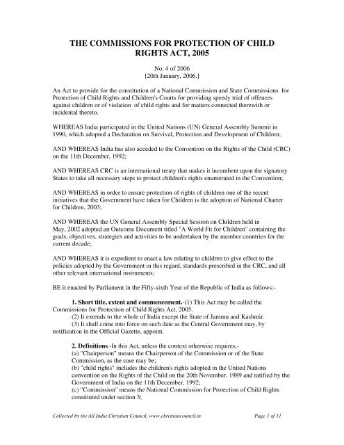 Protection Of Child Rights the commissions for protection of child rights act ... - Indian Christians