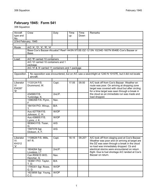 358 Squadron RAF Form 541 February 1945