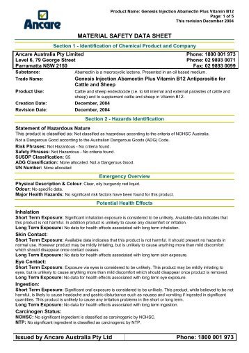 Genesis Injection ABAMECTIN + B12 MSDS - Ancare