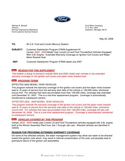 Customer Satisfaction Program 07n09 Supplement All State Ford