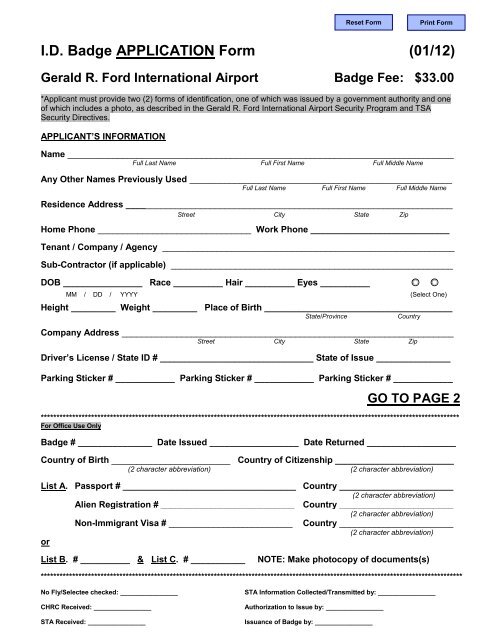 Id Badge Application Form Gerald R Ford International Airport