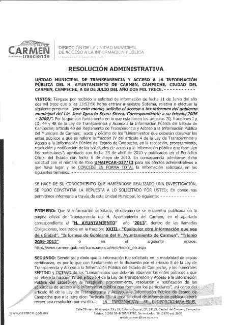 RESOLUCION ADMINISTRATIVA - H. Ayuntamiento de Carmen