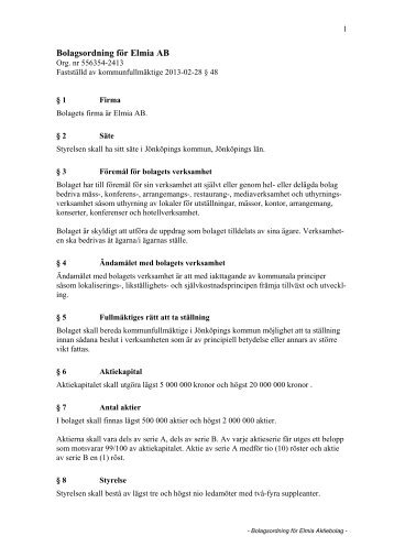Bolagsordning fÃ¶r Elmia AB - JÃ¶nkÃ¶pings kommun