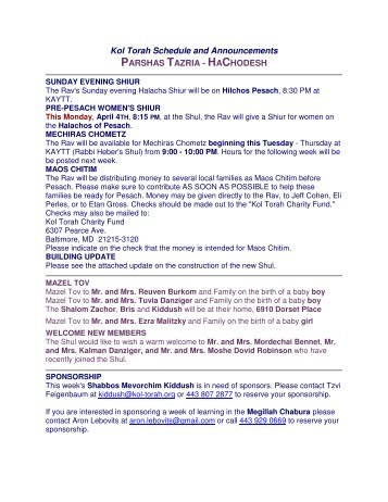 Kol Torah Schedule and Announcements PARSHAS TAZRIA ...