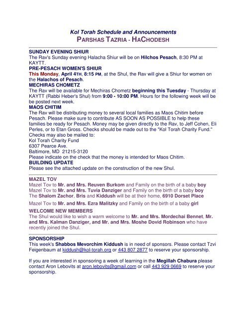 Kol Torah Schedule and Announcements PARSHAS TAZRIA ...
