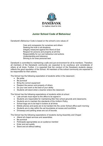 Junior School Code of Behaviour - Danebank