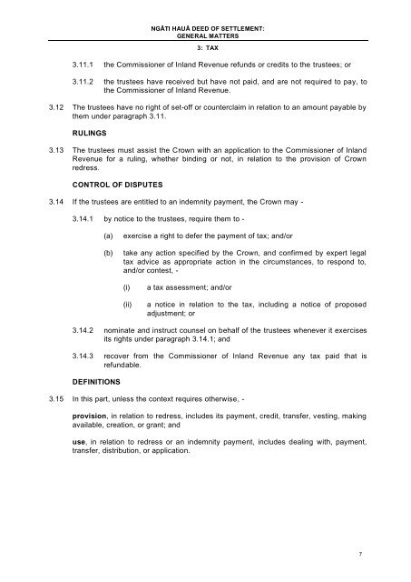 DEED OF SETTLEMENT SCHEDULE: GENERAL MATTERS