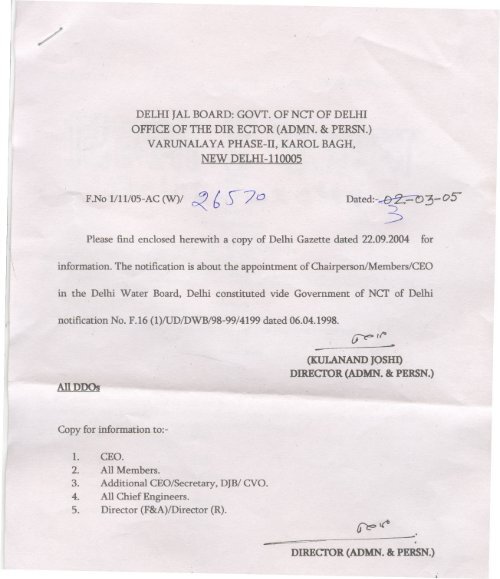 Circular notification of appointment of Chairperson Delhi Jal Board