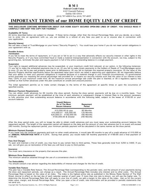 Heloc Early Disclosure Bmi Federal Credit Union