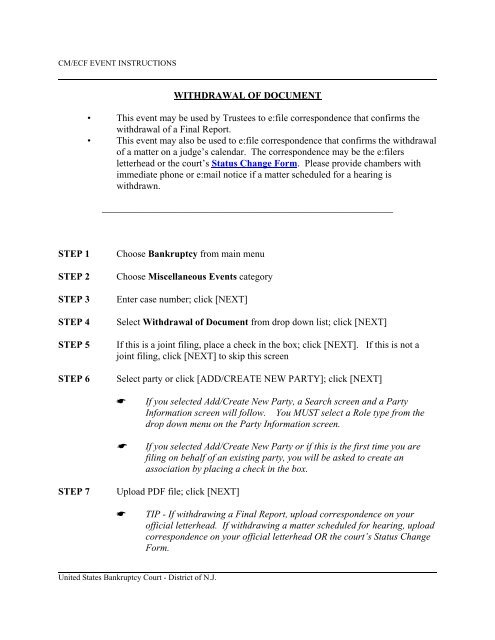 Withdrawal of Document - United States Bankruptcy Court - District ...