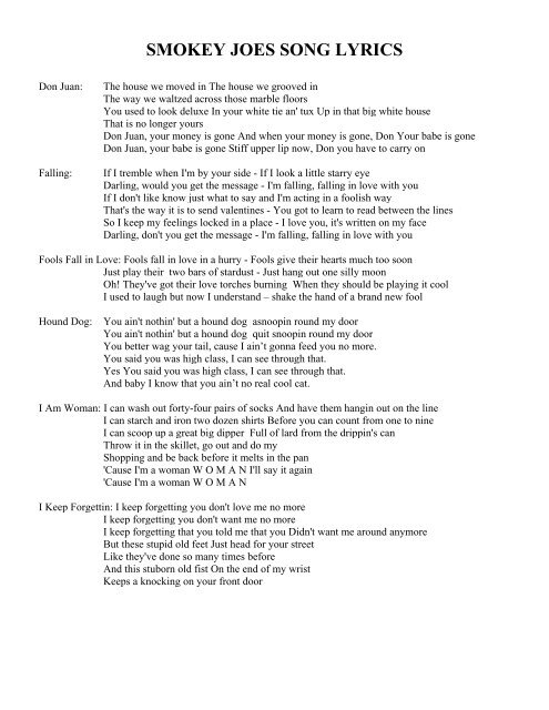 SMOKEY JOES SONG LYRICS - Studio 3 Performing Arts