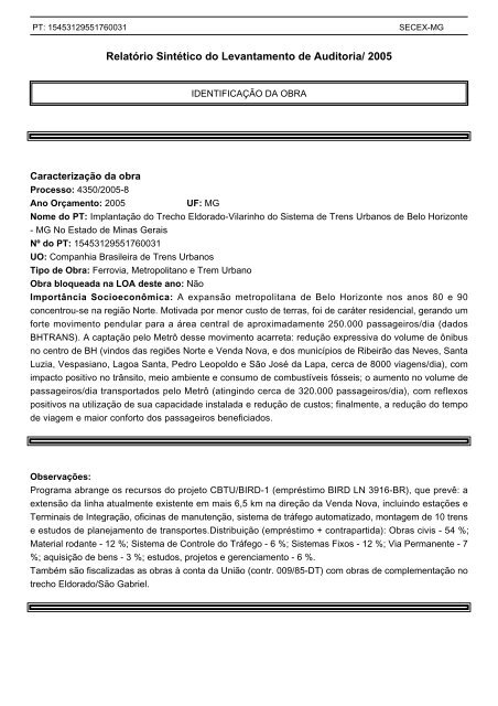 Relatório Sintético do Levantamento de Auditoria/ 2005