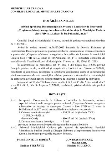 Hotărârea consiliului local nr. 295 pe 2013 - Primaria Craiova