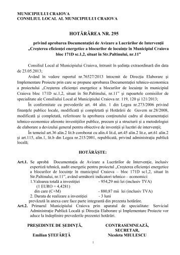 Hotărârea consiliului local nr. 295 pe 2013 - Primaria Craiova