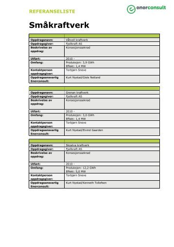 REFERANSELISTE Småkraftverk - Enerconsult