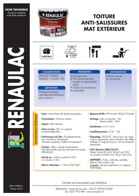 TOITURE ANTI-SALISSURES MAT EXTÉRIEUR - Renaulac