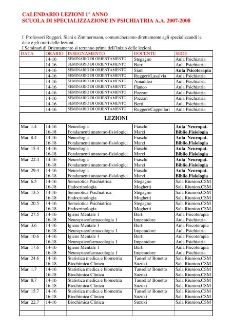 calendario lezioni 1Â° anno scuola di specializzazione in psichiatria ...