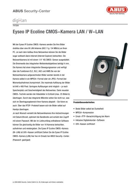 Eyseo IP Ecoline CMOS-Kamera LAN / W-LAN