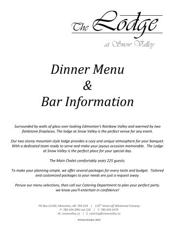 Dinner Menu & Bar Information - Snow Valley