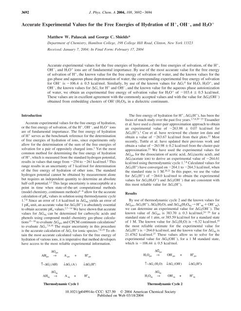 Accurate Experimental Values for the Free Energies of Hydration of ...